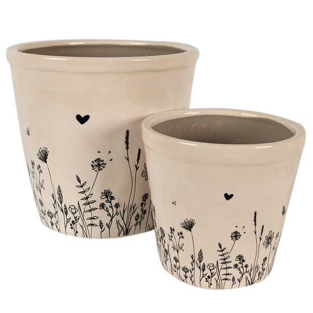 HAES DECO - Bloempot Ø 15x14 cm Beige Zwart Keramiek Bloemen Bloempot Binnen