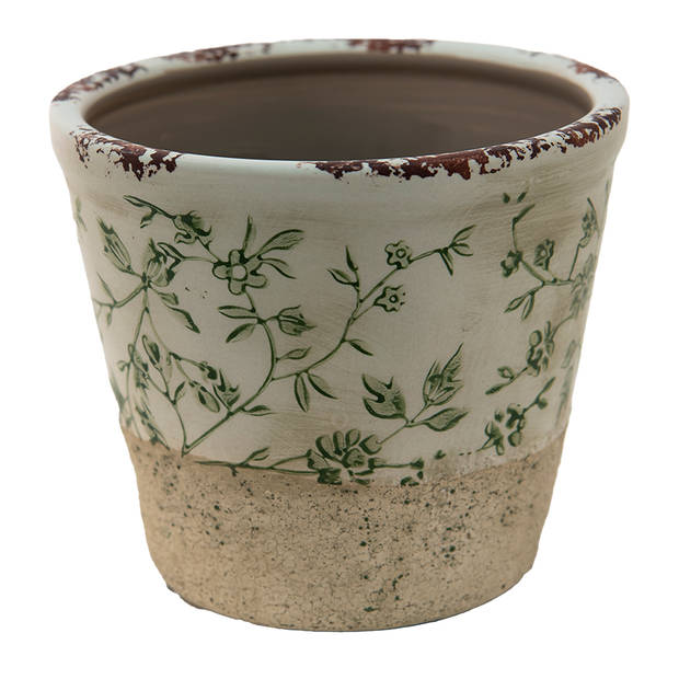 HAES DECO - Bloempot Ø 16x16 cm Groen Wit Keramiek Rond Bladeren Bloempot binnen Plantenpot Plant pot