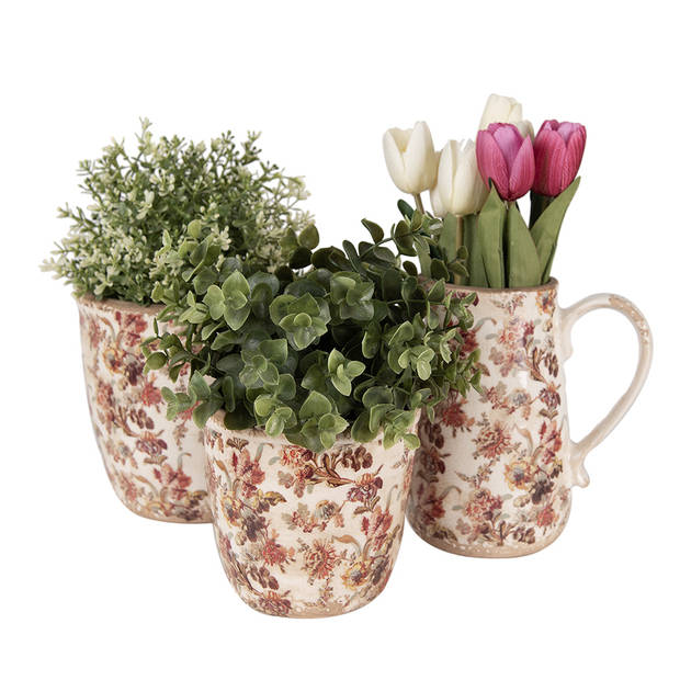 HAES DECO - Bloempot Ø 13x13 cm Beige Roze Keramiek Bloemen Bloempot Binnen