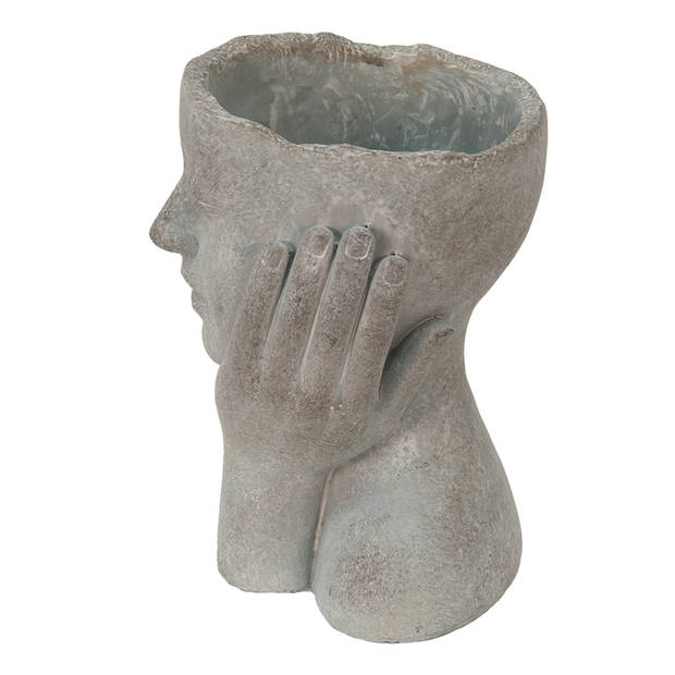 HAES DECO - Bloempot Hoofd 16x16x22 cm Grijs Steen Handen Bloempot binnen Plantenpot Plant pot