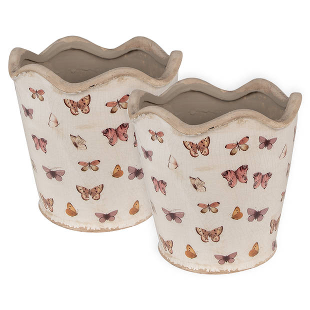 HAES DECO - Set van 2 Bloempotten Ø 19x18 cm Beige Roze Keramiek Vlinders Bloempot Binnen