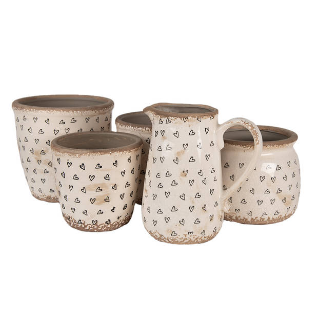 HAES DECO - Bloempot Ø 16x16 cm Beige Zwart Keramiek Hartjes Bloempot Binnen