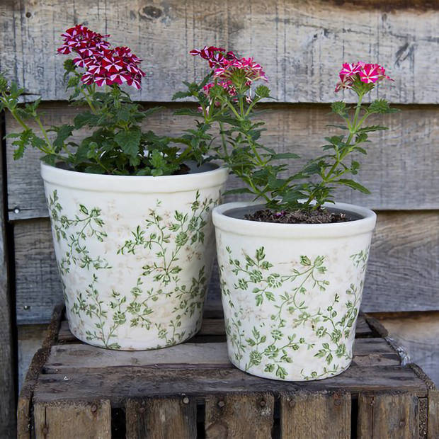 HAES DECO - Bloempot Ø 16x16 cm Groen Beige Keramiek Bloemen Bloempot binnen Plantenpot Plant pot