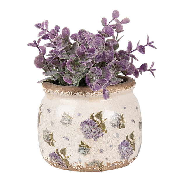 HAES DECO - Bloempot Ø 12x10 cm Beige Blauw Keramiek Bloemen Bloempot Binnen