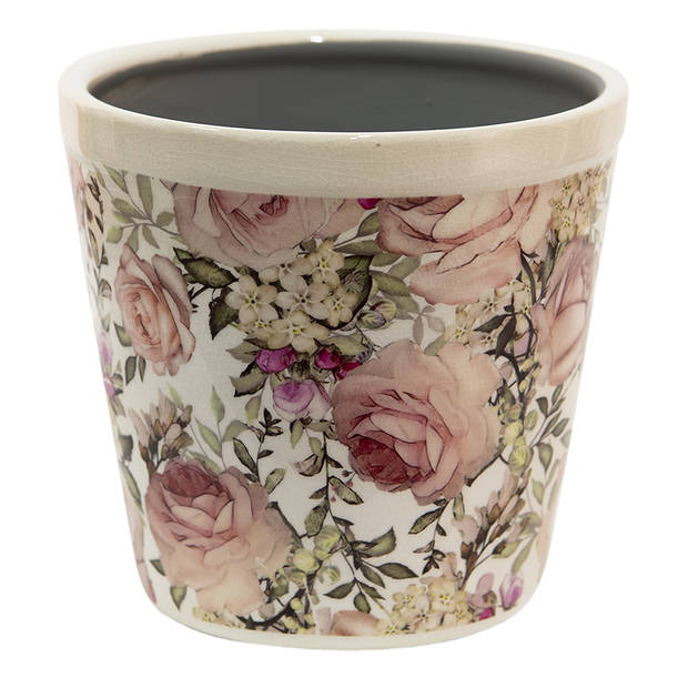 HAES DECO - Bloempot Ø 15x14 cm Wit Roze Keramiek Rond Bloemen Bloempot binnen Plantenpot Plant pot