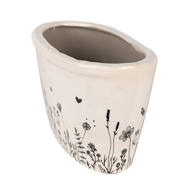 HAES DECO - Bloempot 27x13x14 cm Beige Zwart Keramiek Ovaal Bloemen Bloempot Binnen