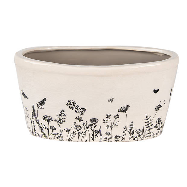 HAES DECO - Bloempot 27x13x14 cm Beige Zwart Keramiek Ovaal Bloemen Bloempot Binnen