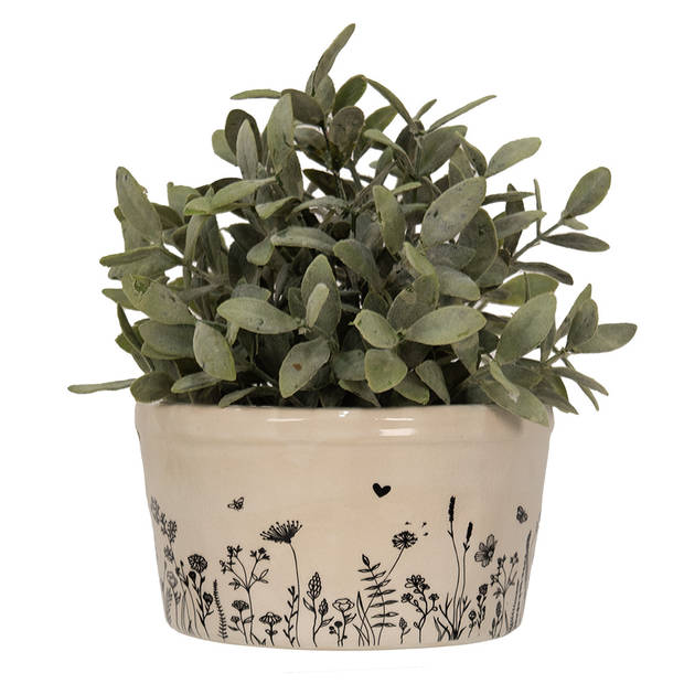 HAES DECO - Bloempot Ø 16x9 cm Beige Zwart Keramiek Bloemen Bloempot Binnen