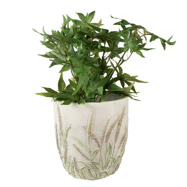 HAES DECO - Bloempot Ø 16x17 cm Beige Groen Steen Rond Korenhalmen Bloempot binnen