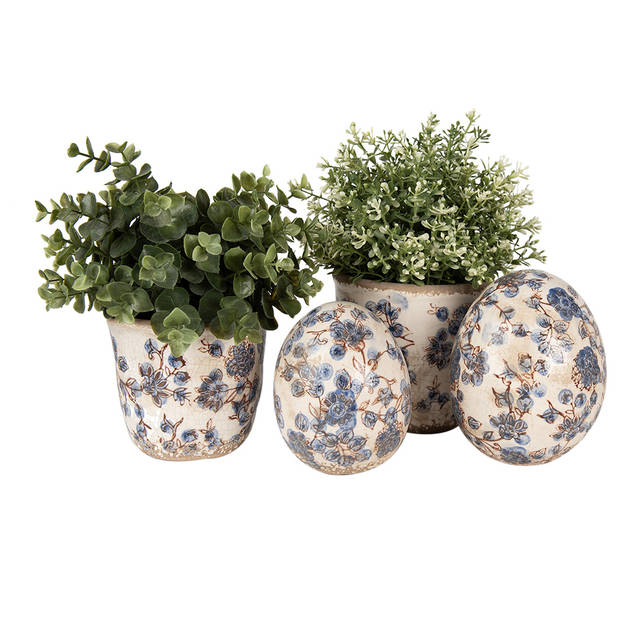 HAES DECO - Bloempot Ø 17x16 cm Beige Blauw Keramiek Bloemen Bloempot Binnen