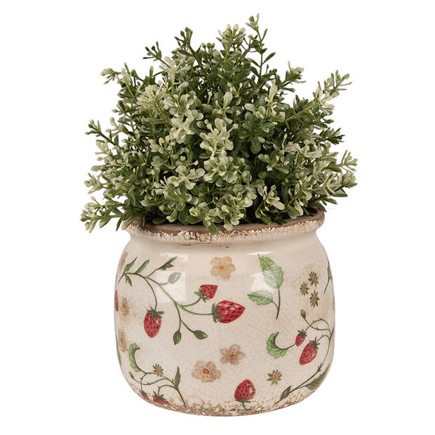 HAES DECO - Bloempot Ø 16x13 cm Beige Rood Keramiek Aardbeien Bloempot Binnen