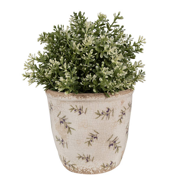 HAES DECO - Bloempot Ø 14x13 cm Beige Blauw Keramiek Olijven Bloempot Binnen