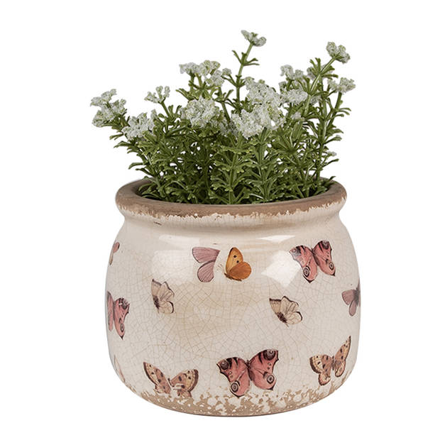 HAES DECO - Bloempot Ø 12x10 cm Beige Roze Keramiek Vlinders Bloempot Binnen