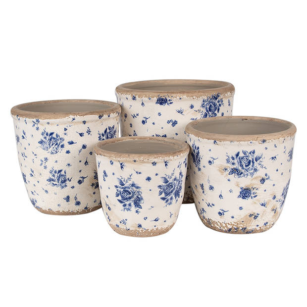 HAES DECO - Bloempot Ø 13x12 cm Beige Blauw Keramiek Roosjes Bloempot Binnen