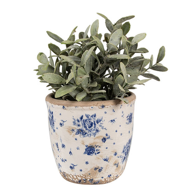 HAES DECO - Bloempot Ø 13x12 cm Beige Blauw Keramiek Roosjes Bloempot Binnen