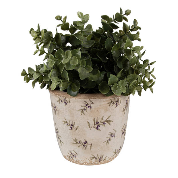 HAES DECO - Bloempot Ø 13x12 cm Beige Blauw Keramiek Olijven Bloempot Binnen