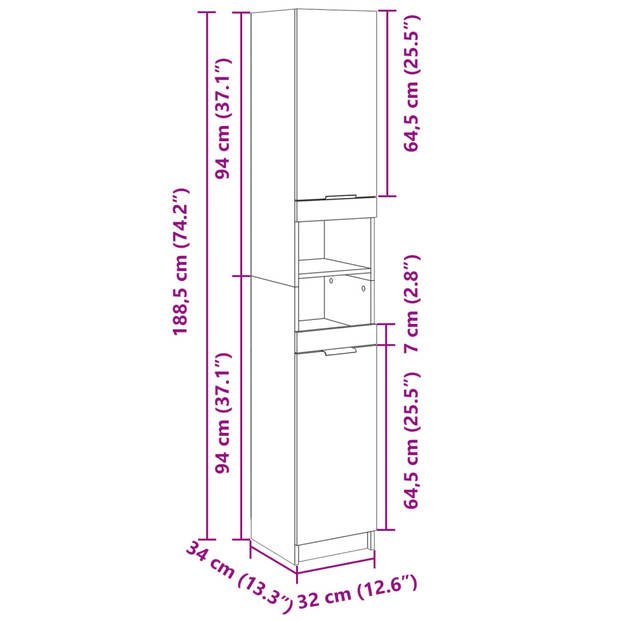 vidaXL Badkamerkast 32x34x188,5 cm bewerkt hout sonoma eikenkleurig