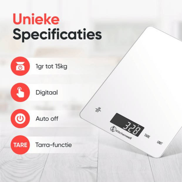 Kitchenwell Digitale Precisie Keukenweegschaal - 1gr - 15kg - USB Oplaadbaar