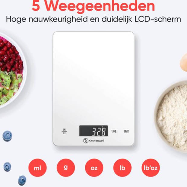 Kitchenwell Digitale Precisie Keukenweegschaal - 1gr - 15kg - USB Oplaadbaar