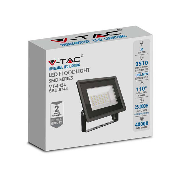 V-TAC VT-4934-B LED Schijnwerper - IP65 - Zwarte behuizing - 30 Watt - 2510 Lumen - 6500K