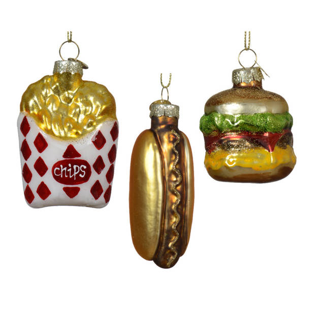 Decoris Kersthangers snacks - 3x - glas - patat - hotdog - hamburger - Kersthangers