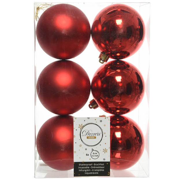 Decoris Kerstballen - 6x st - rood - D8 cm - kunststof - Kerstbal