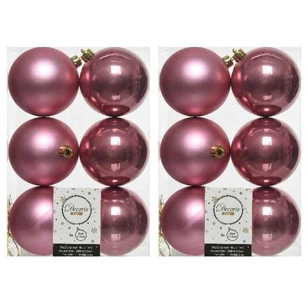 12x Kunststof kerstballen glanzend/mat oud roze 8 cm kerstboom versiering/decoratie - Kerstbal