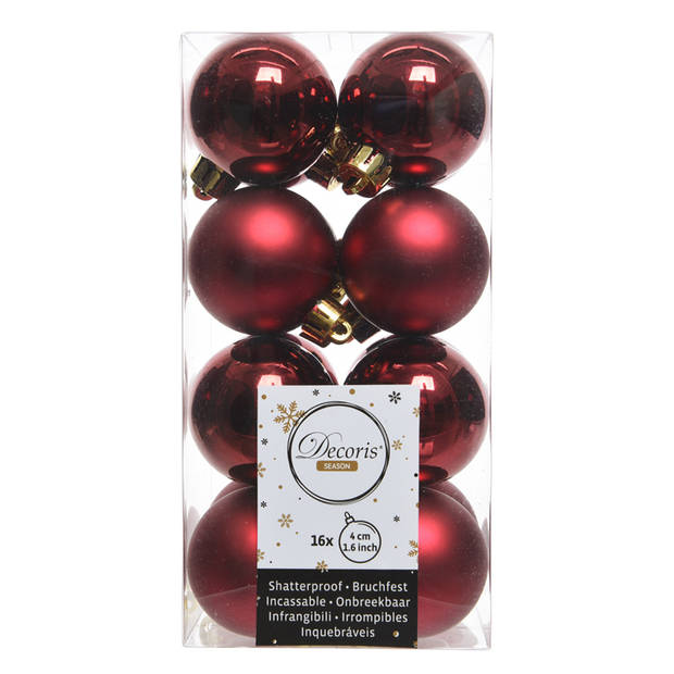 Decoris kleine kerstballen - 16x st - donkerrood - 4 cm - kunststof - Kerstbal