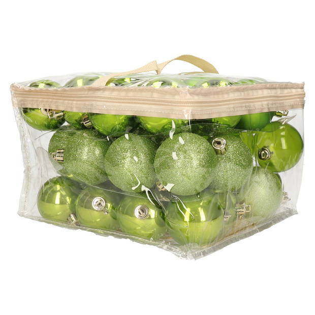 48x stuks kunststof kerstballen appel groen 6 cm in opbergtas/opbergbox - Kerstbal