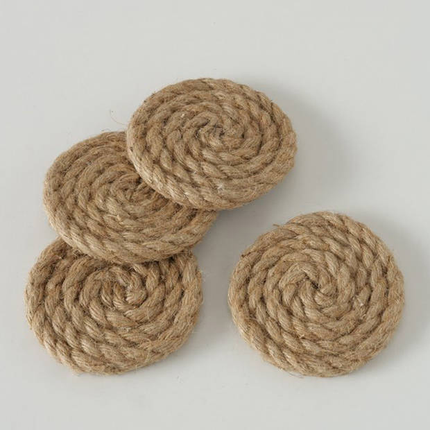 Deco by Boltze glazen onderzetters Rope - 4x - jute - naturel - 10 x 10 cm - opgerold touw stijl - Glazenonderzetters