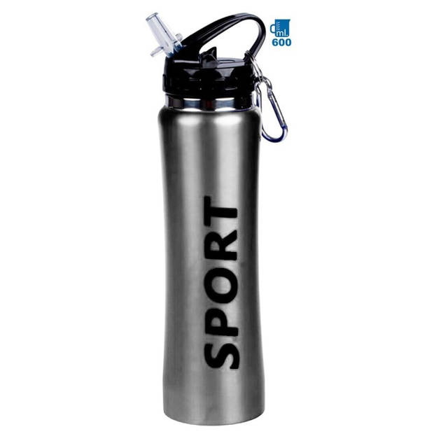 2x Sport Bidon drinkfles/waterfles Sport print zilver 600 Ml - Drinkflessen