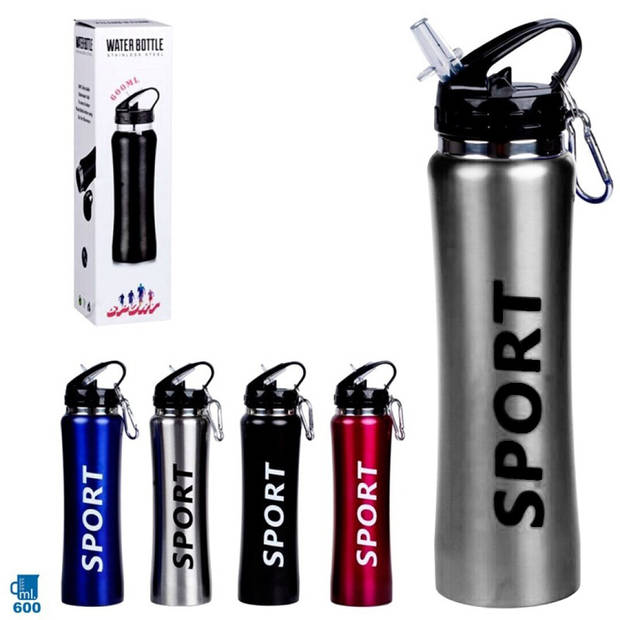 2x Sport Bidon drinkfles/waterfles Sport print zilver 600 Ml - Drinkflessen