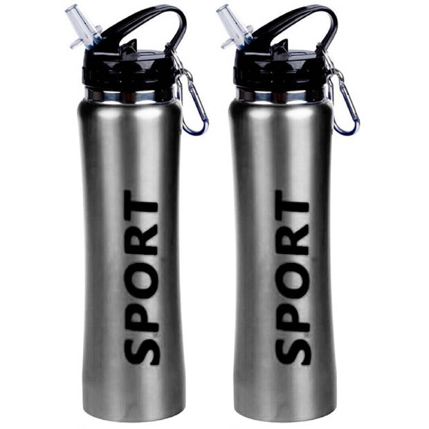 2x Sport Bidon drinkfles/waterfles Sport print zilver 600 Ml - Drinkflessen