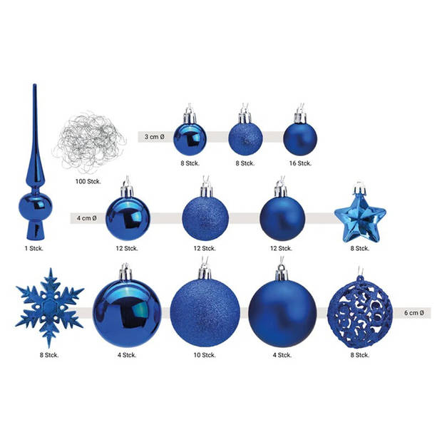 G. Wurm Kerstballen - 111 stuks - blauw - kunststof - 3-4-6 cm - Kerstbal