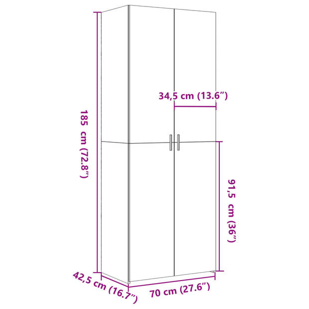 vidaXL Hoge kast 70x42,5x185 cm bewerkt hout grijs sonoma eikenkleurig