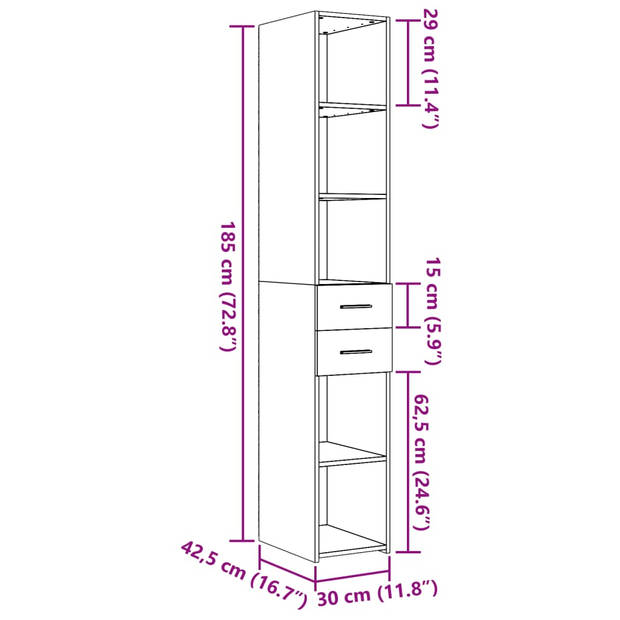 vidaXL Hoge kast 30x42,5x185 cm bewerkt hout grijs sonoma eikenkleur