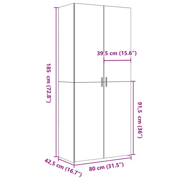 vidaXL Hoge kast 80x42,5x185 cm bewerkt hout gerookt eikenkleurig