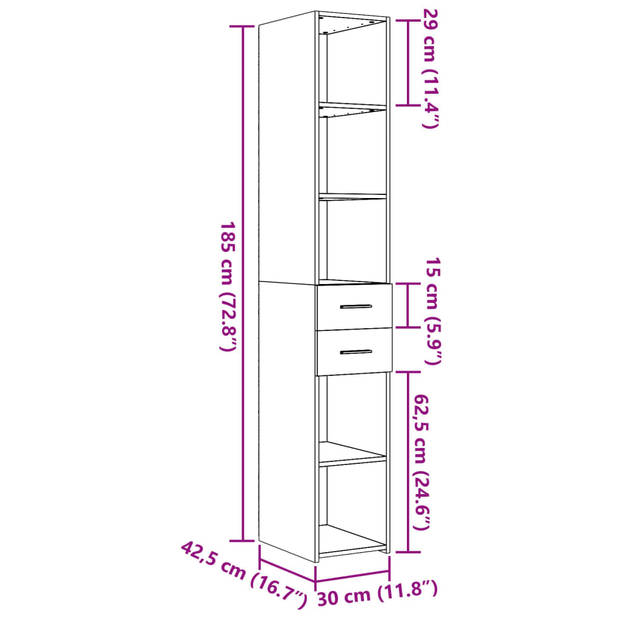 vidaXL Hoge kast 30x42,5x185 cm bewerkt hout betongrijs