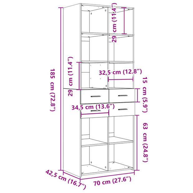 vidaXL Hoge kast 70x42,5x185 cm bewerkt hout betongrijs