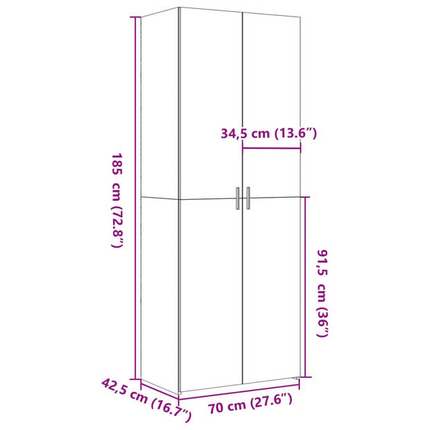 vidaXL Hoge kast 70x42,5x185 cm bewerkt hout betongrijs