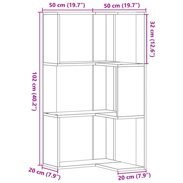 vidaXL Boekenkast 3-laags hoek 50x50x102 cm bewerkt hout grijs sonoma