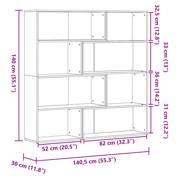 vidaXL Boekenkast 4-laags hoek 85x85x140 cm bewerkt hout gerookt eiken