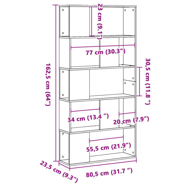 vidaXL Boekenkast 5-laags 80,5x23,5x162,5 cm bewerkt hout grijs sonoma