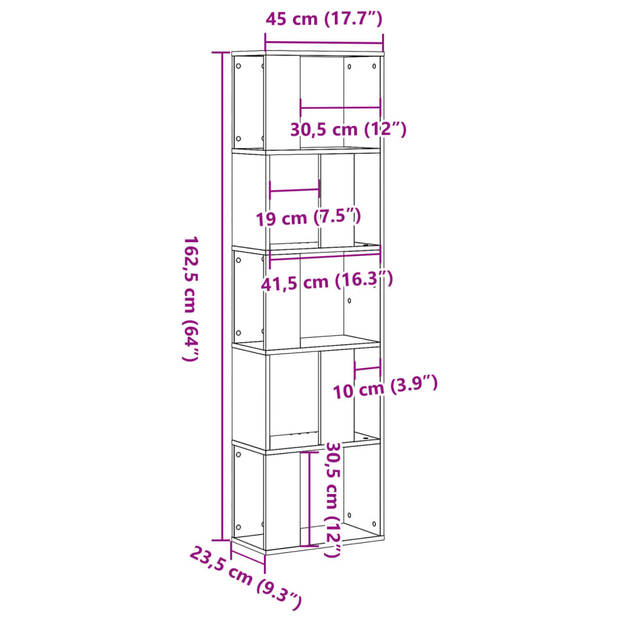 vidaXL Boekenkast 5-laags 45x23,5x162,5 cm bewerkt hout zwart