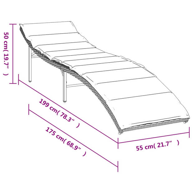 vidaXL Ligbed met kussen 55x199x50 cm poly rattan grijs