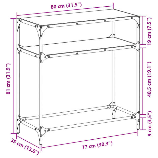 vidaXL Wandtafel met zwart glazen blad 80x35x81 cm staal