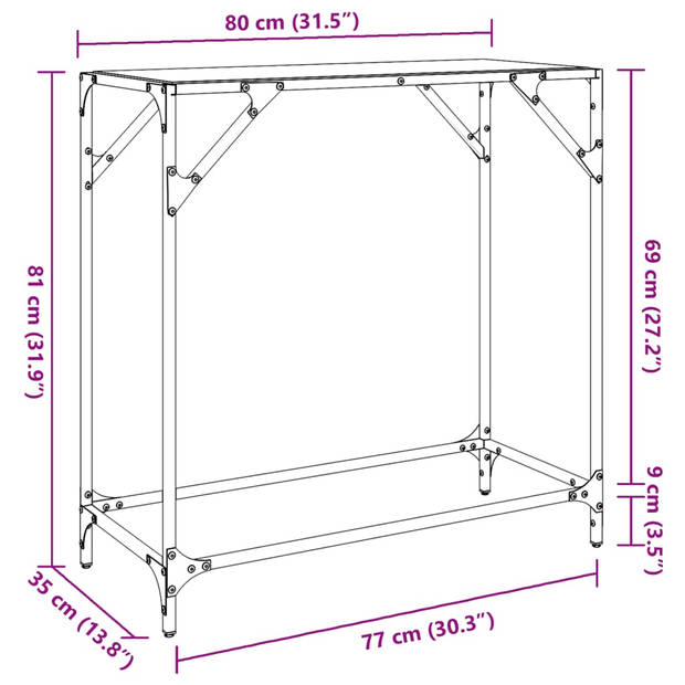 vidaXL Wandtafel met zwart glazen blad 80x35x81 cm staal