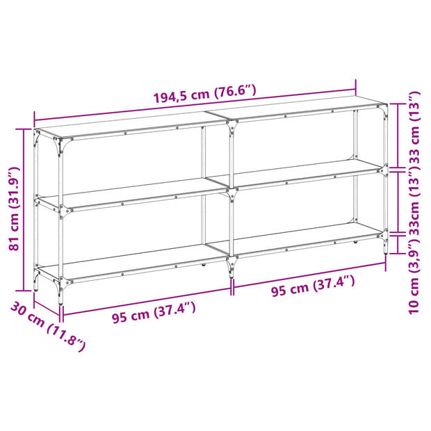 vidaXL Wandtafel met zwart glazen blad 194,5x30x81 cm staal