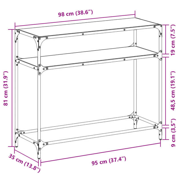 vidaXL Wandtafel met zwart glazen blad 98x35x81 cm staal