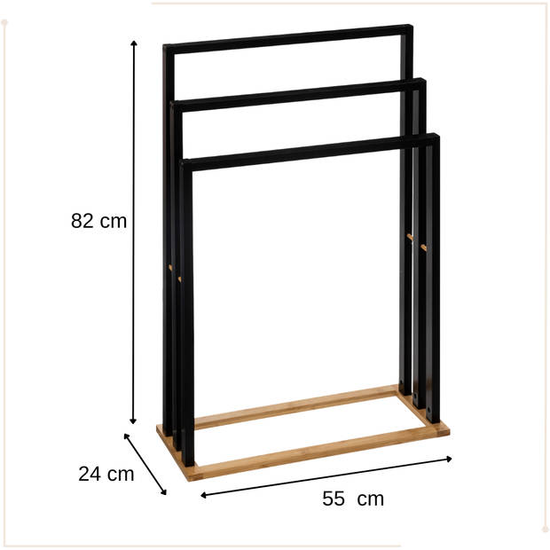 MISOU Handdoekrek - Zwart - Handdoekhouder - Vrijstaand - Badkamer - Bamboe - Accessoires - 3 Rails